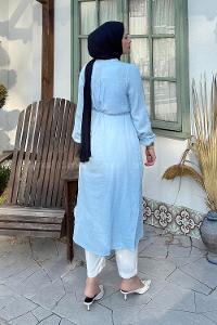 Lamelif Yırtmaç Detaylı Uzun Tesettür Tunik Bebe Mavisi