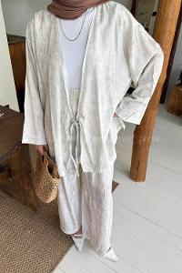 Lamelif Batik Desen Kimono-Pantolon Tesettür Takım Krem