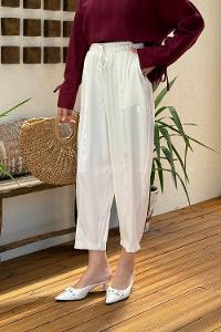 Lamelif Beli Lastikli Çımalı Tesettür Pantolon Beyaz