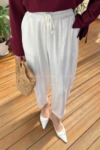 Lamelif Beli Lastikli Çımalı Tesettür Pantolon Beyaz