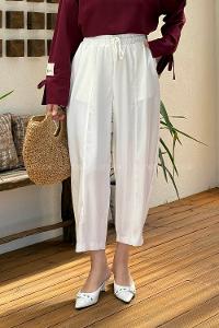 Lamelif Beli Lastikli Çımalı Tesettür Pantolon Beyaz