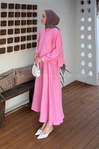 Lamelif Müslin Etekli Tesettür Takım Pembe