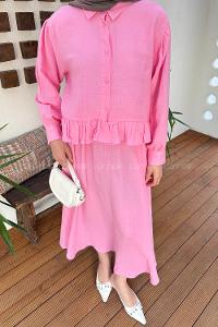 Lamelif Müslin Etekli Tesettür Takım Pembe