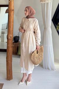 Lamelif Yırtmaç Detaylı Uzun Tesettür Tunik Taş Rengi