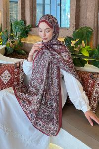Lamelif Retro Desen Pamuk Şal Bordo