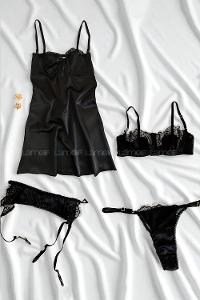 Lamelif Rhera Dantelli Saten Gecelikli Jartiyer Takım