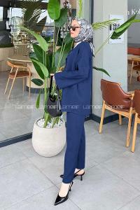 Lamelif İki Bağcıklı Pantolonlu Tesettür Takım İndigo