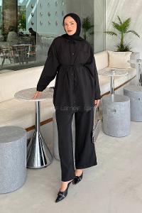 Lamelif Cep Detaylı Modal Tesettür Takım Siyah