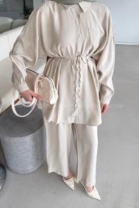 Lamelif Cep Detaylı Modal Tesettür Takım Taş Rengi