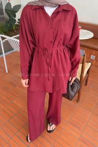 Lamelif Cep Detaylı Modal Tesettür Takım Bordo