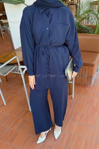 Lamelif Cep Detaylı Modal Tesettür Takım Lacivert