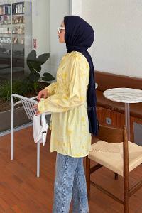 Lamelif Çiçek Desenli Tesettür Tunik Sarı