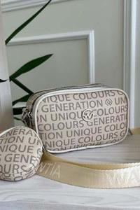 Lamelif Cuci İki Bölmeli Yazı Baskılı Çapraz Kadın Çanta  Vizonrengi