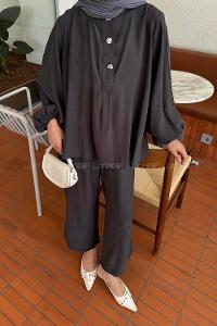 Lamelif Düğme Detaylı Modal Tesettür İkili Takım Antrasit