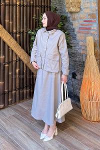 Lamelif Cep Detaylı İkili Etek  Tesettür Takım Koyu Gri