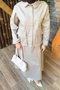 Lamelif Cep Detaylı İkili Etek  Tesettür Takım Koyu Gri