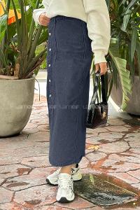 Lamelif Düğmeli Kot Etek Su Yıkama