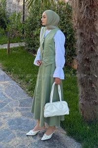 Plum Green V Neck Sleeveless Arm Cotton Flare Suit