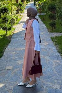 Lamelif Gabardin Yelek-Etek İkili Tesettür Takım Pudra Rengi