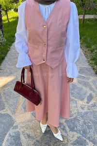 Lamelif Gabardin Yelek-Etek İkili Tesettür Takım Pudra Rengi