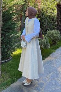 Lamelif Gabardin Yelek-Etek İkili Tesettür Takım Taş Rengi