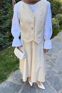 Lamelif Gabardin Yelek-Etek İkili Tesettür Takım Taş Rengi