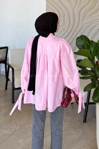 Lamelif Kolu Bağlamalı Pileli Bluz Pembe