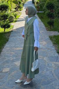 Plum Green V Neck Sleeveless Arm Denim Straight Skirt Suit