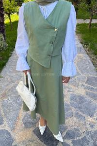Plum Green V Neck Sleeveless Arm Denim Straight Skirt Suit