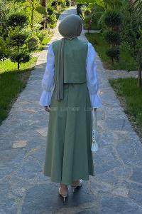 Plum Green V Neck Sleeveless Arm Denim Straight Skirt Suit