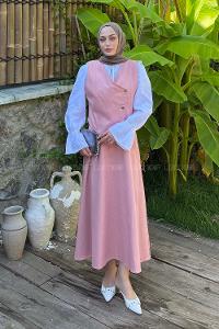 Powder V Neck Sleeveless Arm Denim Straight Skirt Suit