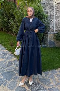 Navy Blue Mandarin Collar Cotton Dresess