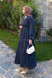 Navy Blue Mandarin Collar Cotton Dresess
