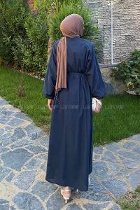 Navy Blue Mandarin Collar Cotton Dresess