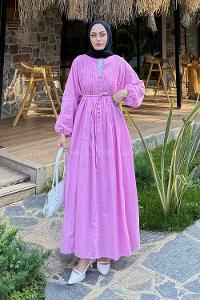 Lamelif Nervürlü Vual Tesettür Elbise Pembe