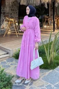 Lamelif Nervürlü Vual Tesettür Elbise Pembe