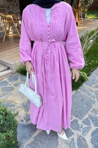 Lamelif Nervürlü Vual Tesettür Elbise Pembe