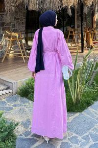 Lamelif Nervürlü Vual Tesettür Elbise Pembe