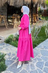 Lamelif Balon Kol Katlı Tesettür Elbise Fuşya