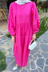 Lamelif Balon Kol Katlı Tesettür Elbise Fuşya