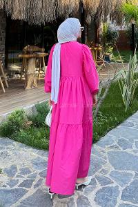 Lamelif Balon Kol Katlı Tesettür Elbise Fuşya