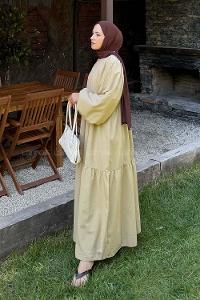 Lamelif Balon Kol Katlı Tesettür Elbise Taş Rengi