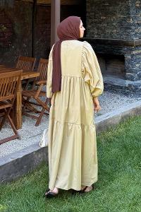 Lamelif Balon Kol Katlı Tesettür Elbise Taş Rengi