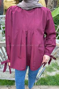 Lamelif Kolu Bağlamalı Pileli Bluz Bordo