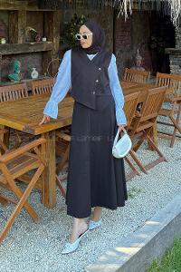 Lamelif Kruvaze Kapama Gabardin Takım Siyah