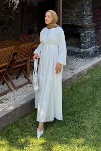 Lamelif Nervürlü Vual Tesettür Elbise Beyaz