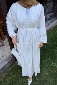 Lamelif Nervürlü Vual Tesettür Elbise Beyaz