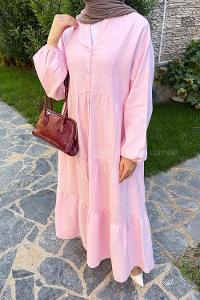 Lamelif Ön Yarım Düğme Detaylı Müslin Kumaş Tesettür Elbise Pembe