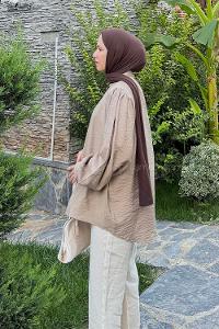 Pale Brown Shirt Collar Balloon Sleeve Arm Combed Fabric Unprinted Shirt