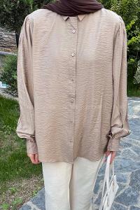 Pale Brown Shirt Collar Balloon Sleeve Arm Combed Fabric Unprinted Shirt